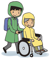 雨合羽をした青年が高齢者の車いすを押すイラスト