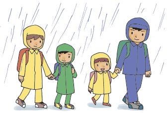 雨の中大人と子供が手をつないで歩いているイラスト