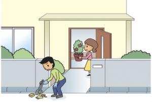 排水溝や家の周りのチェックをしているイラスト