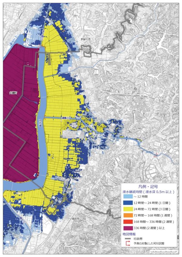 津幡川、河北潟、大野川、宇ノ気川、森下川の浸水継続時間